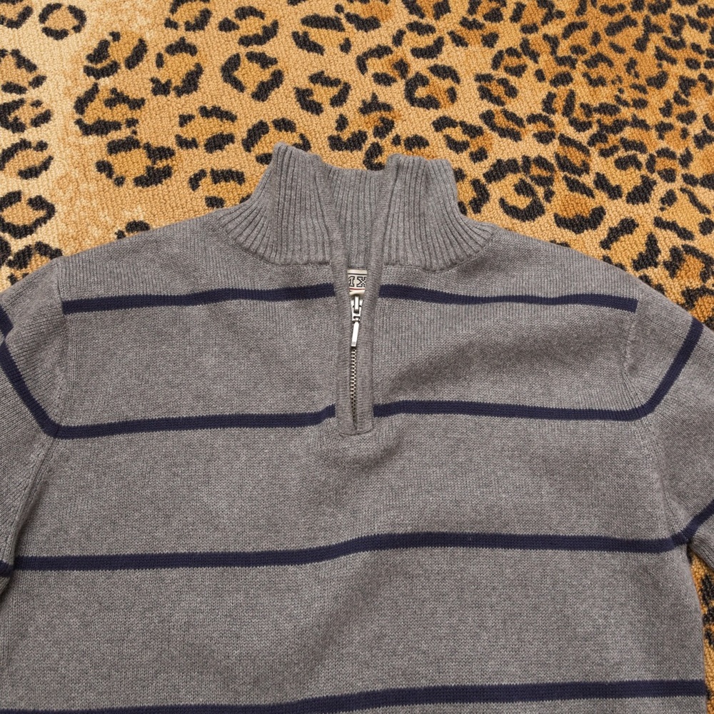 AMX preppy 1/4 zip cotton 1/4 zip sweater striped gray & navy size Large 14-16